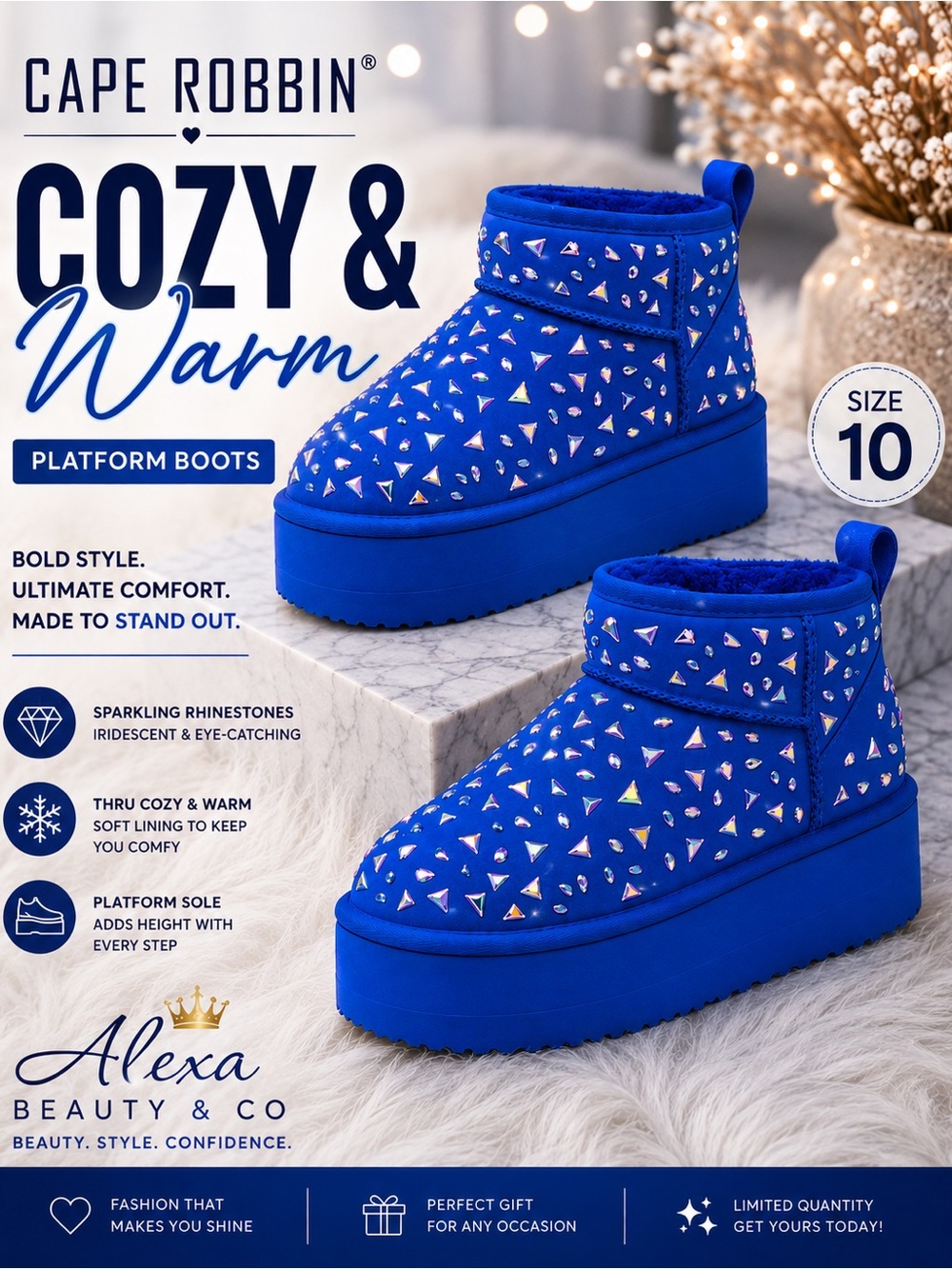 Cape Robbin Bright Blue Kids Platform Cozy Boots with Rhinestones